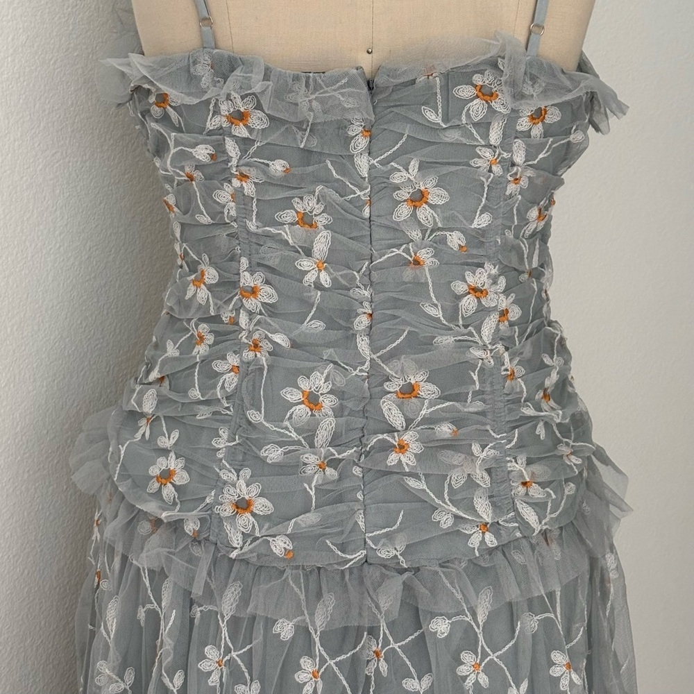 Anthropologie Blue Tulle Maxi Dress NWT Floral Embroidered Ruched M - Picture 8 of 10